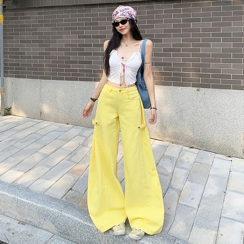 Womens High Waist Yellow Cargo Wide Leg Jeans Casual Loose Flare Denim Trousers Streetwear