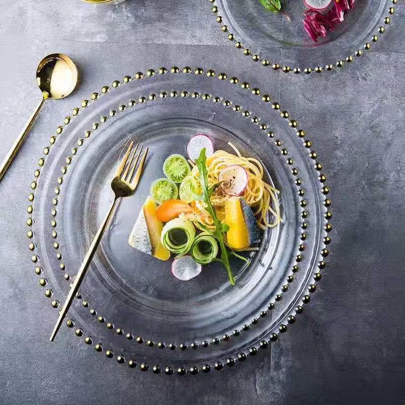 Plăci de servire din sticlă cu mărgele aurii VAKADA - Pachet de 2