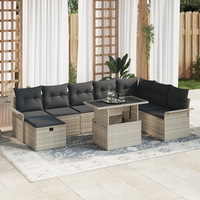 Set de Canapé de Jardin 9 Pièces avec Coussins Gris Clair en Rattan Poly, Canapé de Jardin 2 Places avec Rangement &amp; 3361031