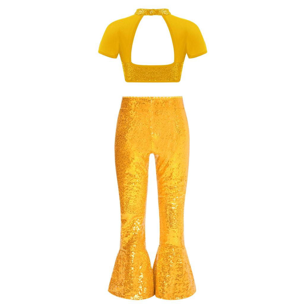 Girls Performance Costume Short Sleeve Mesh Patchwork Cutout Back Sequins Crop Top Sequin Zipper Bell Bottomed Pants