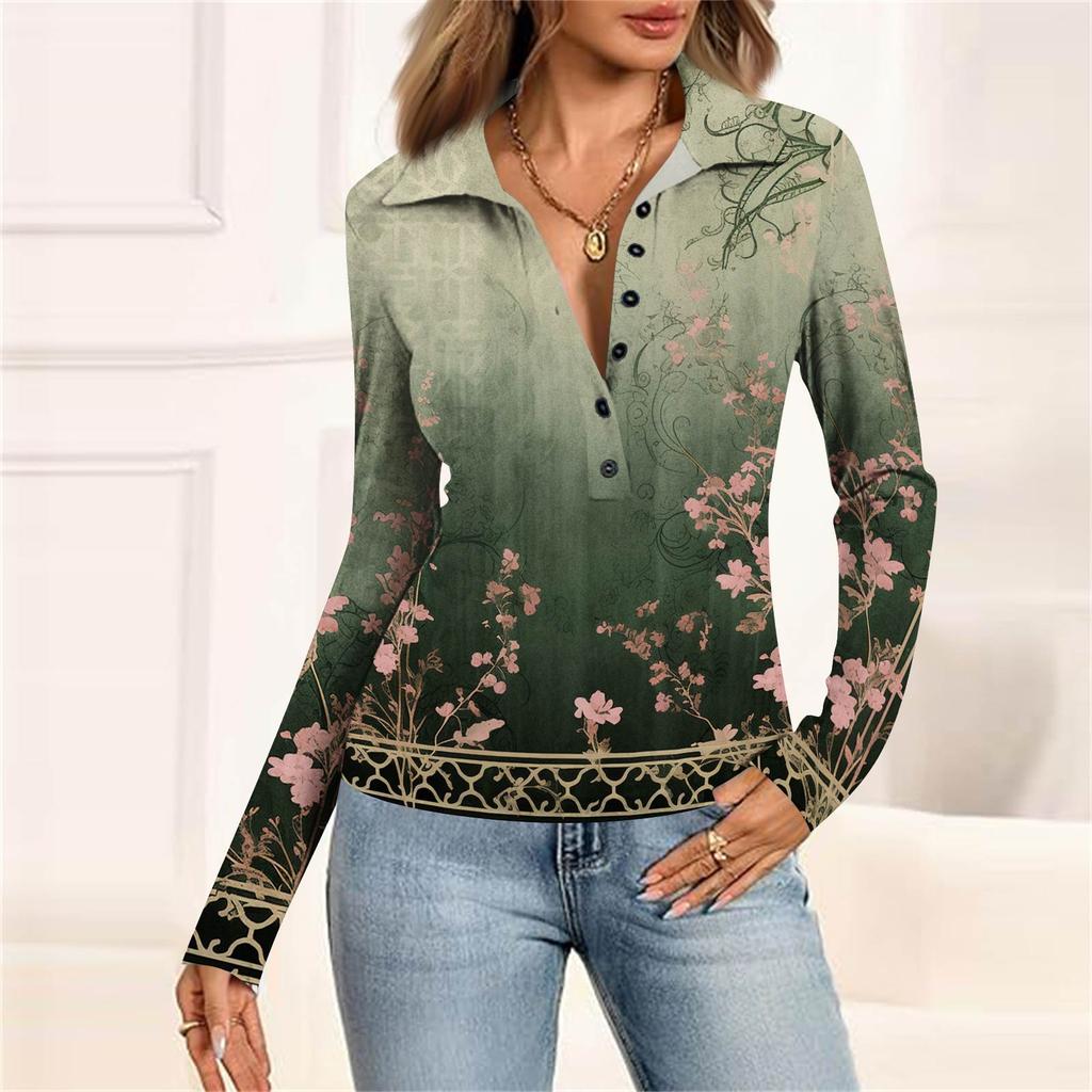 Women's Fashion Casual Printed V-Neck Long Sleeve Button-Down Top