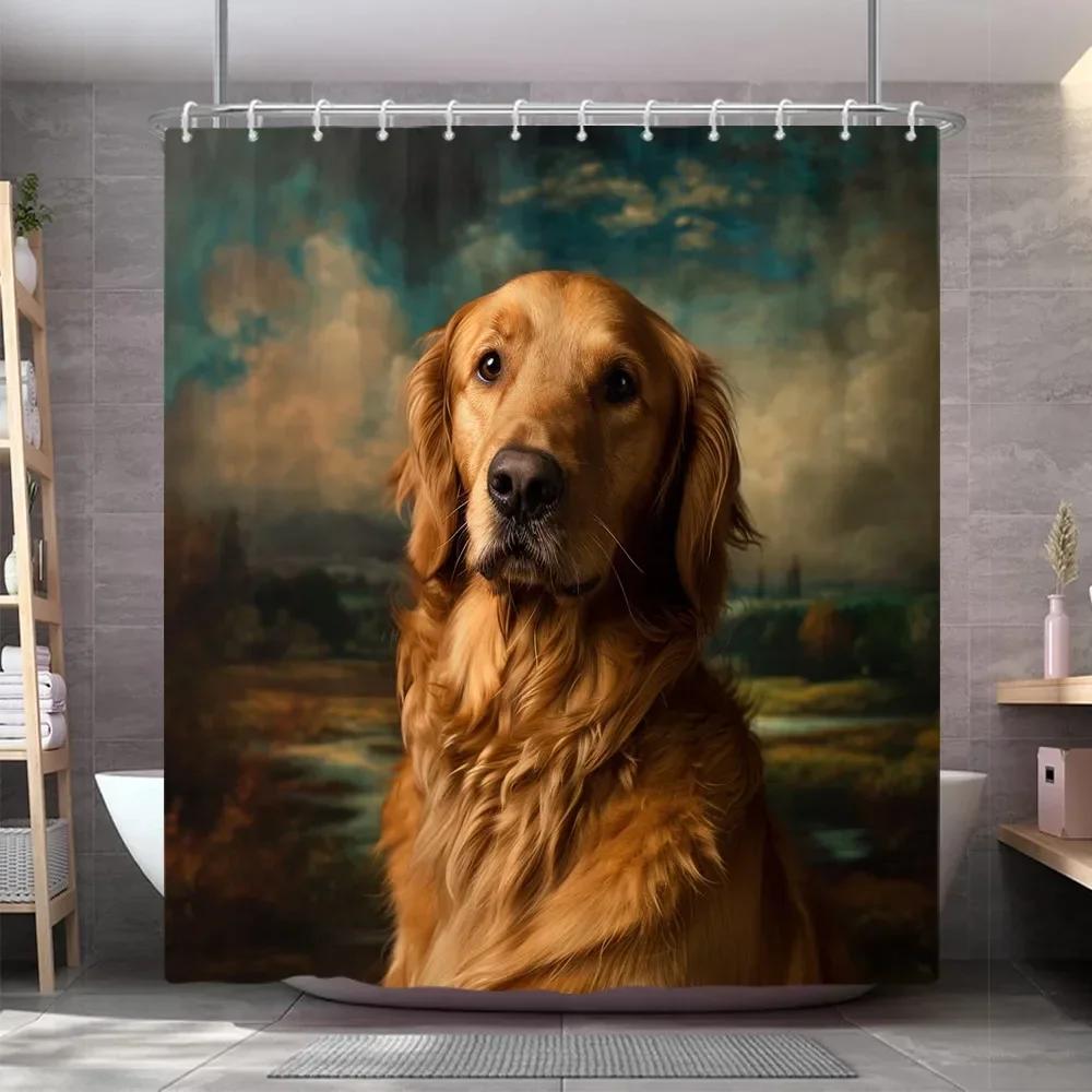 Funny Dog Shower Curtain Popular Cute Pet Oil Painting Art Creation Polyester Fabric Shower Curtains Bathroom Decor With Hooks