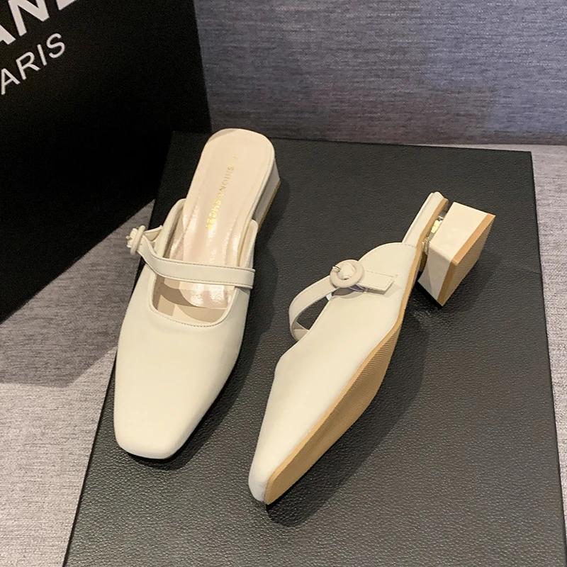 Shoes Woman's Slippers Slides Low Fashion Female Mule Cover Toe 2025 Summer Luxury Mules Hoof Heels PU Fabric Rubber Rome