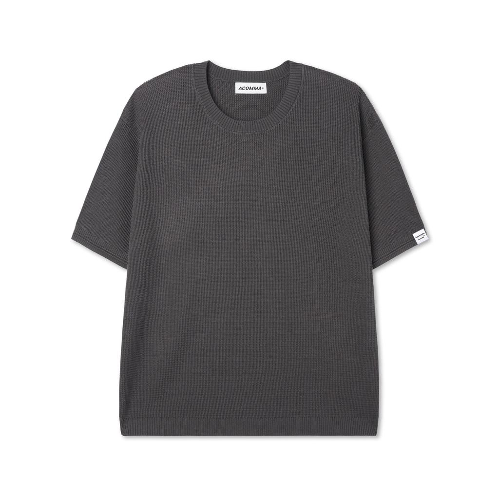 APOSTROPHE COMMA Reversible Label Waffle Short Sleeve Knit T-Shirt_Black