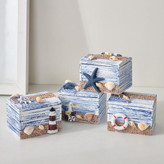 Yousheng Coastal Wooden Trinket Box Handcrafted Nautical Jewelry Box with Starfish Shells Rustic Decorative Storage Box for Beach Home Decor
