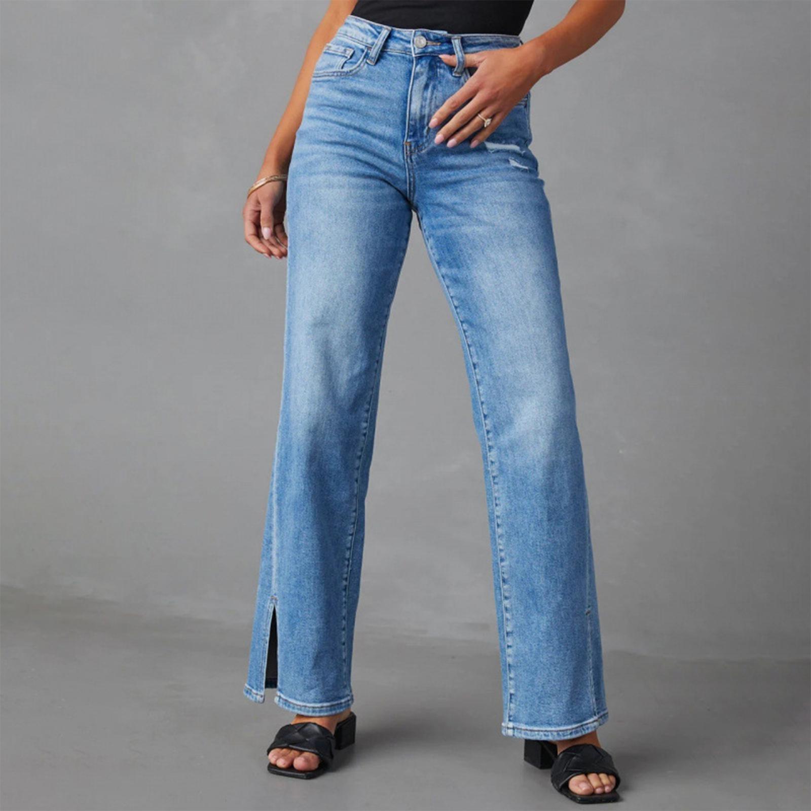 

Women s High Waist Washed Women s Jeans Fashionable Versatile Straight Leg Pants XL синій