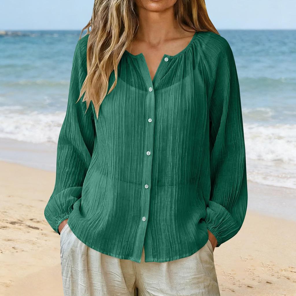 Women’s Long Sleeve Loose Fit Button Down Blouse Lightweight Pleated Top Casual Shirt for Daily Wear