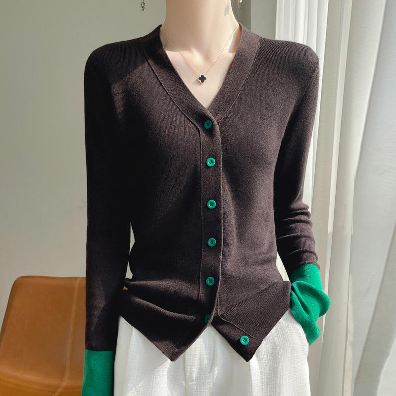 GMXIA Wool Knitwear Tops Women's New V-neck Splicing Design Cardigan Temperament Thin V-neck Cardigan Jacket