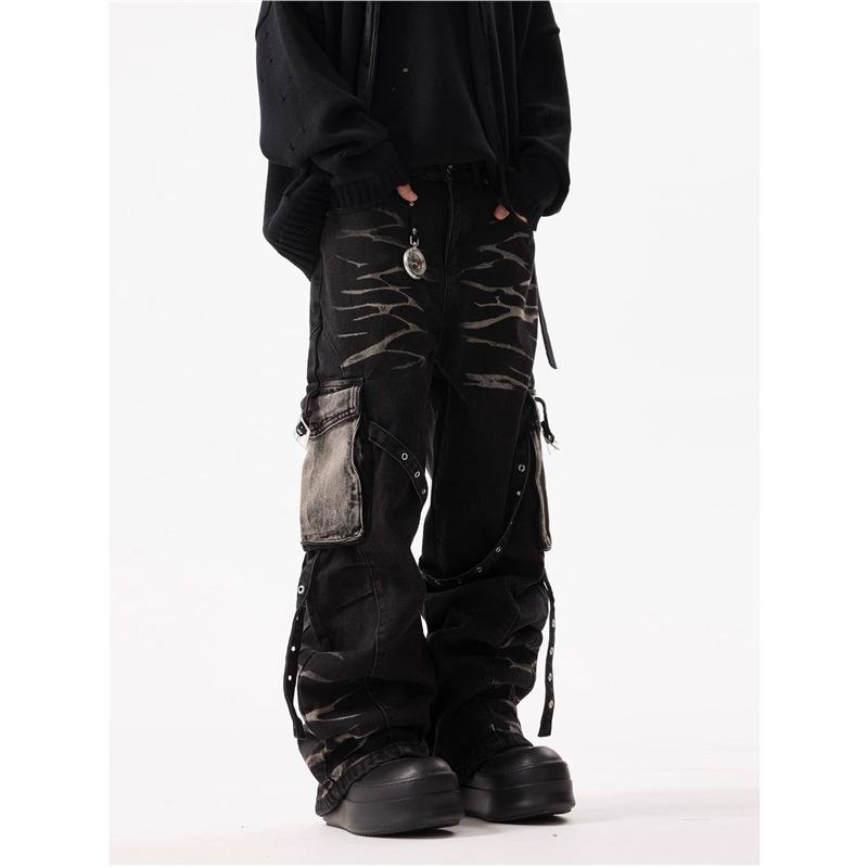 American retro corrugated multi-pocket strap jeans niche design heavy industry loose straight tooling trousers