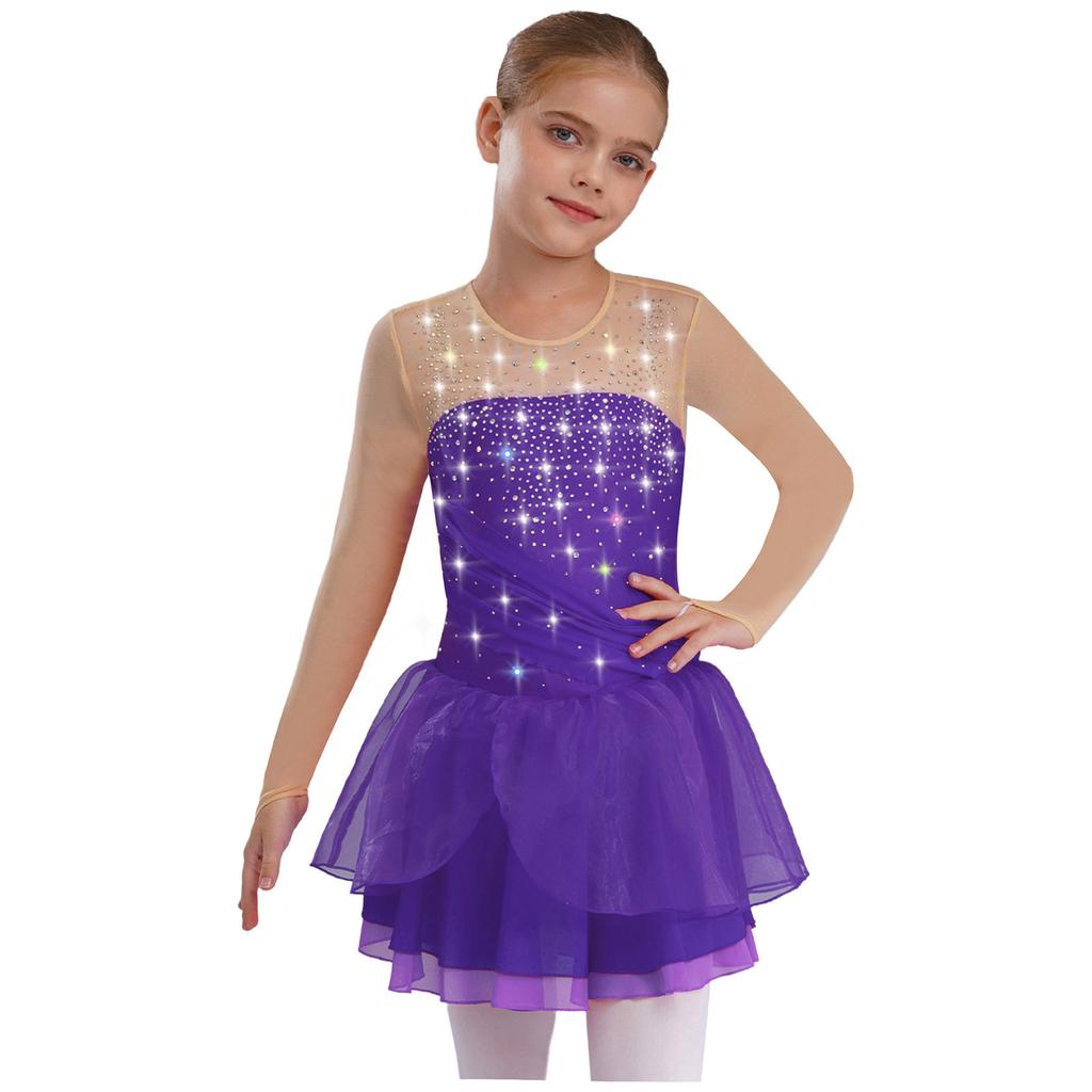 Girls Figure Skating Performance Costume Glittery Rhinestones Lyrical Dance Dress Sheer Mesh Long Sleeves Dancewear