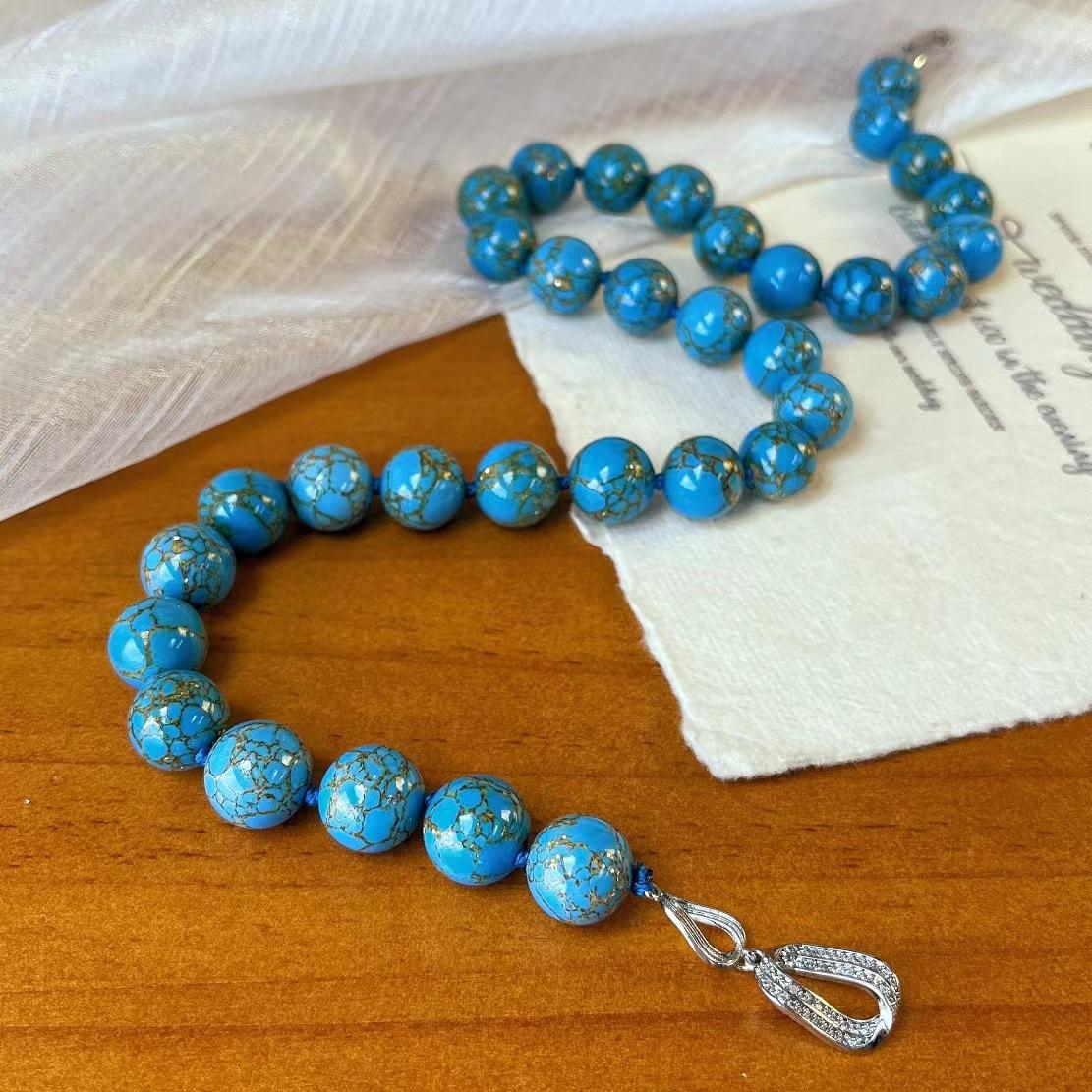 

Vintage 12Mm Large Particle Artificial Gold Thread Pine Orchid Turquoise Round Bead Necklace Niche Beaded Collarbone Chain