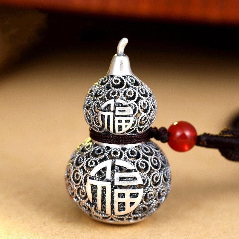 

Necklace Vintage Plated Blessing Filigree Hollow Gourd Couple Pendant 50CM(Necklace Size) срібний