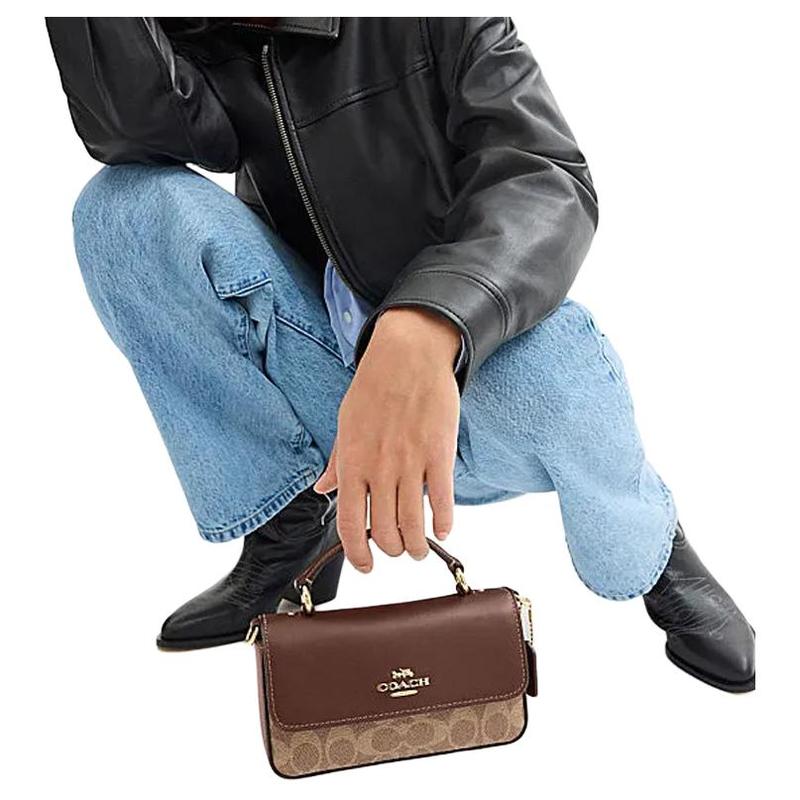 COACH Josie 18 brand logo buckle closure, faux leather and cow leather, shoulder crossbody bag, small, women's, tan and brown