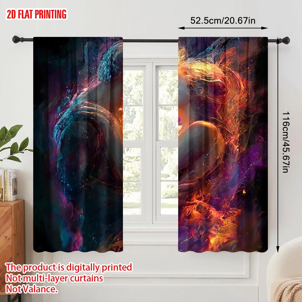 2pcs, plane printing Creative Curtains Romantic flame and ice couple Versatile 100% Polyester (without rod) Home Decor Use for