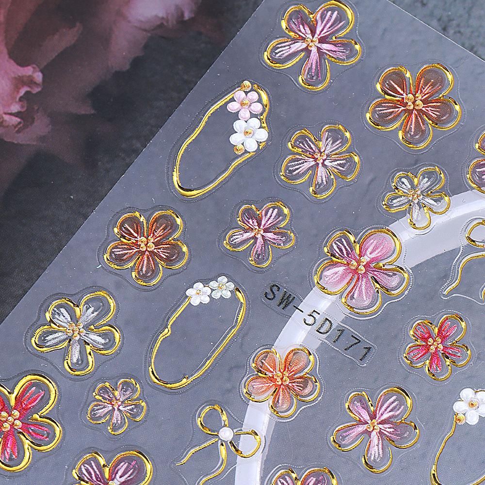 1pc Embossed Floral Nail Stickers - Translucent Flower Bows with Golden Glitter Accents, Self-Adhesive Glossy Nail Art Decals