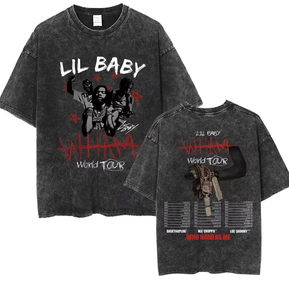 Women's Hip Hop Rap Short Sleeve T-shirt Lil Baby Wham World Tour Merch T-shirt Retro Washed High Quality T-shirt