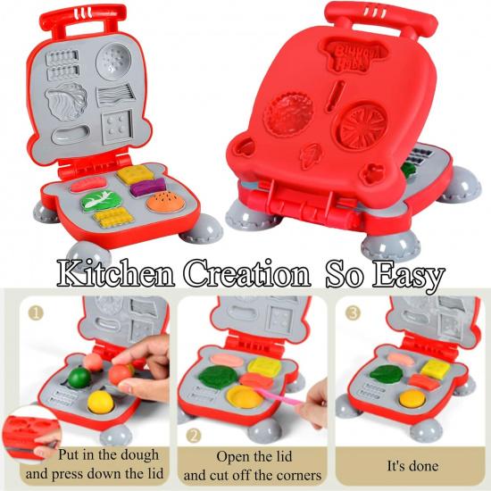 Color Dough Set Kitchen Creations Waffle Pizza Burger Maker Pretend Chef Toy Play Food Modeling Tools Kit with 12 Colors Wheat Doughs for Kids Girls