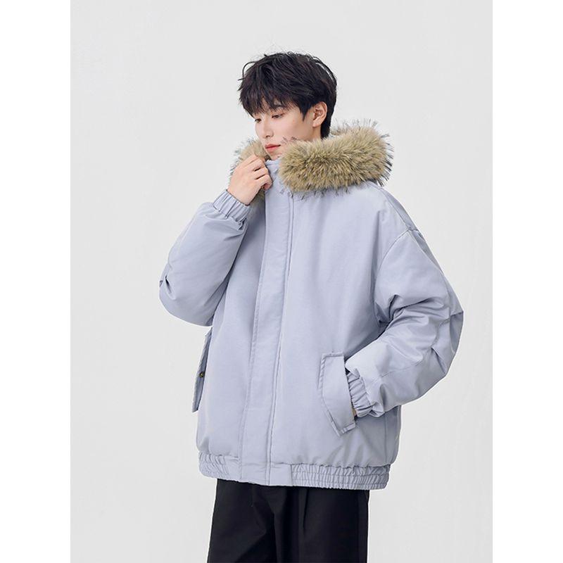51 Hip-Hop American Retro Lazy Style Large Fur Collar Workwear Cotton Jacket for Men, Winter Thickened Warm Loose Cotton Coat