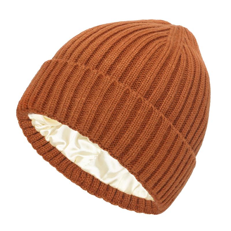 Winter Silk Satin Lined Beanie Hats Women Men Unisex Thick Chunky Cap Striped Warm Soft High Quality Cashmere Knitted Beanie Hat