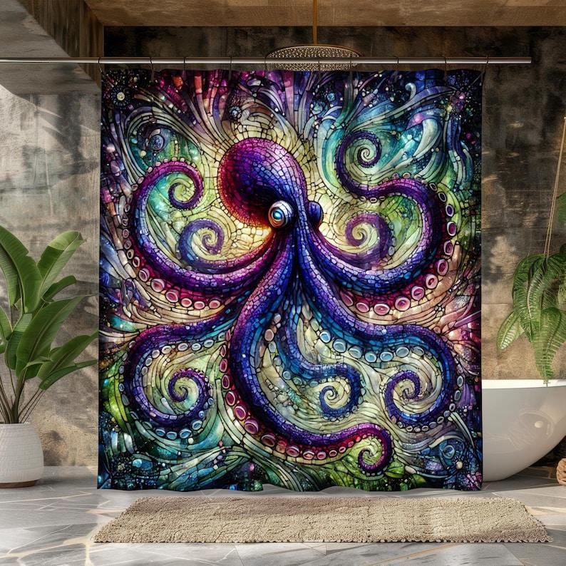 Tenda da Doccia Polpo Vetro Colorato - Decorazione Nautica Artistica, Tessuto di Alta Qualità, Multitaglia Con Anelli