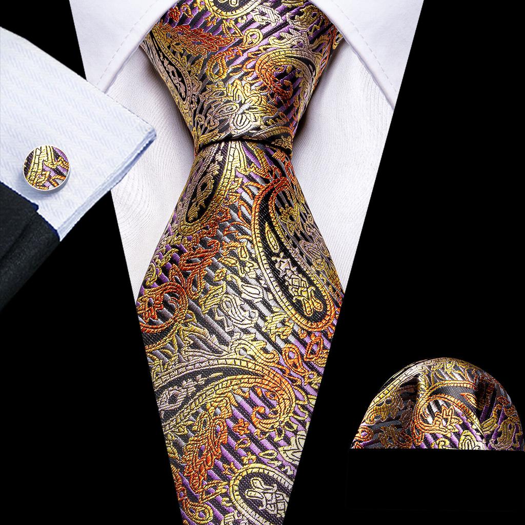 Barry.Wang Floral Ties for Men Woven Paisley Wedding Necktie Handkerchief Cufflinks Formal Casual Set