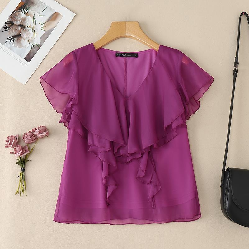 

ZANZEA Женская летняя блузка с оборками, V-образным вырезом, коротким рукавом, в повседневном стиле 5XL фиолетовый