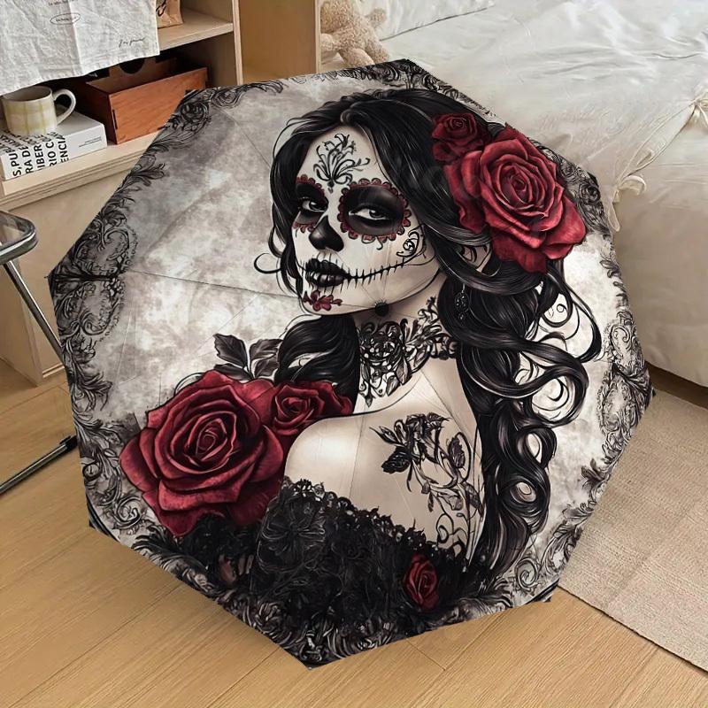 

1pc Mexican Sugar Skull & Red Roses Automatic Umbrella - Gothic Calavera Catrina Design, 8-Rib Automatic Open/Close, Compact T (as the picture,Iron&8K)