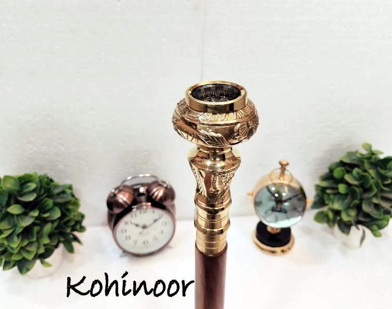 Personalized Engraved Brass Handle Walking Cane with Compass - Foldable