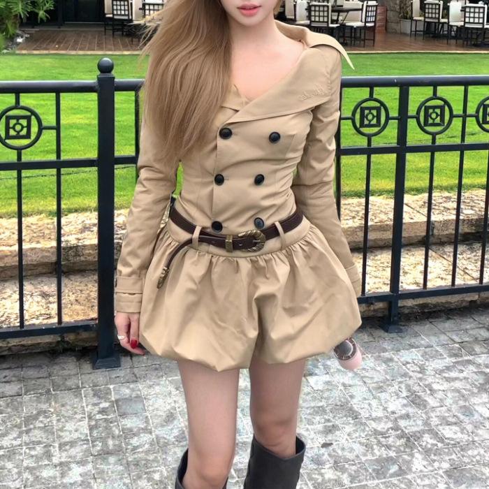 

Korean trench coat dress double-breasted autumn temperament waist thin long-sleeved bud short skirt elegant and fashionable S