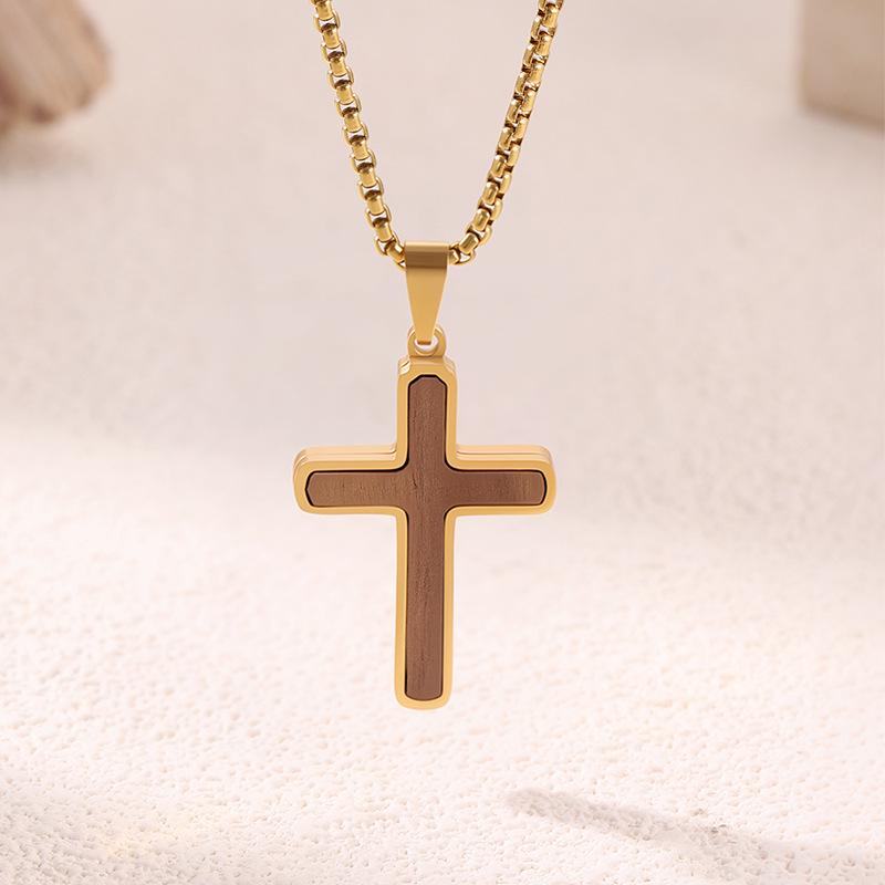 Bestselling Men's Two-Tone Wooden Cross Titanium Steel Dog Tag Necklace