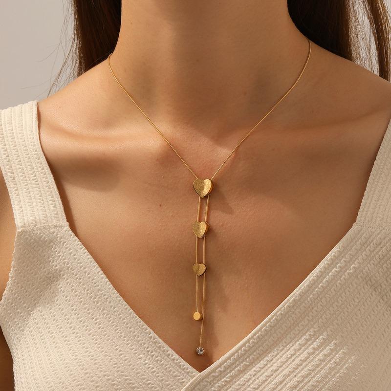 Gold Plated Y-Drop Lariat Necklace with Heart Charms CZ, Dainty Adjustable Snake Chain for Women, Romantic Daily Jewelry