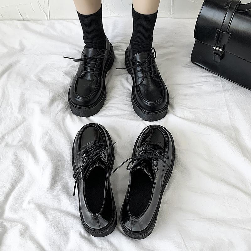 Black Small Leather Shoes Female British Style Spring And Summer New Retro Thick -Soled Lok Fu Big Head Jk Shoes