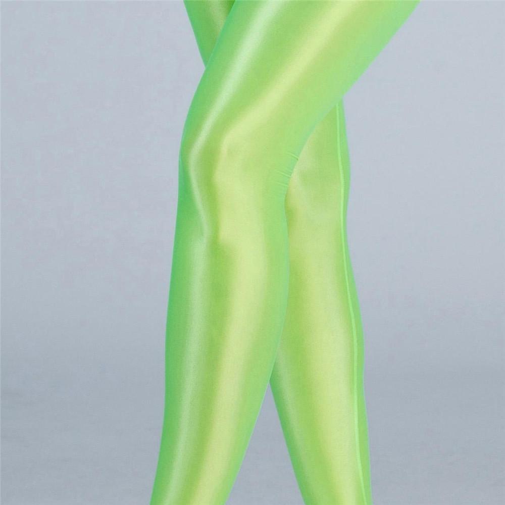 Sexy Satin Oil Shiny Pencil Pants Elastic Hollow Out Tight Sheer See Through Leggings Dance Candy Color Leotard Crotchless