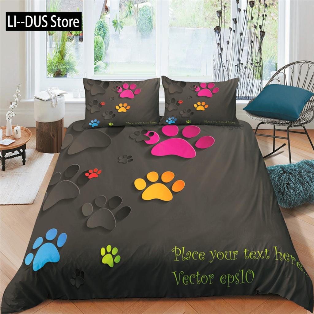 Footprint Duvet Cover Set Kids Watercolor Bedding Set Animal Footprints Colorful Puppy Paws Multicolor Graffiti Art Quilt Cover
