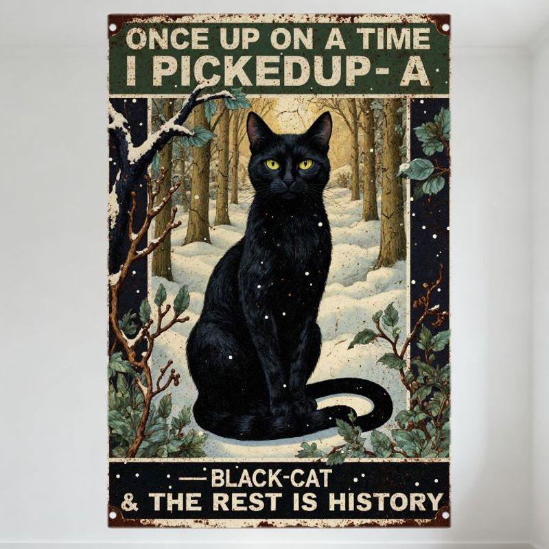 Винтажная черная кошка в заснеженном лесу, металлическая жестяная табличка  Однажды...  Причудливый сказочный настенный декор для бара, паба, дома, кафе, 8x 20x30cm（7.8x11.8inch）