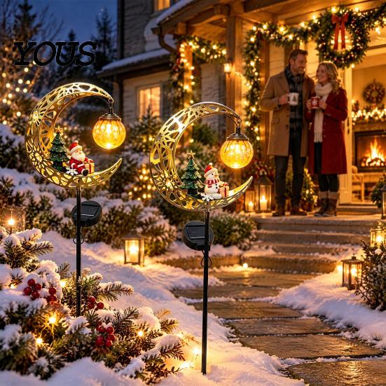 Winter Courtyard Christmas Decorations Solar Moon Light, Santa Snowman Crescent Garden Stake Warm Easy Install Ground Lights LED Glow, Festive Pathway