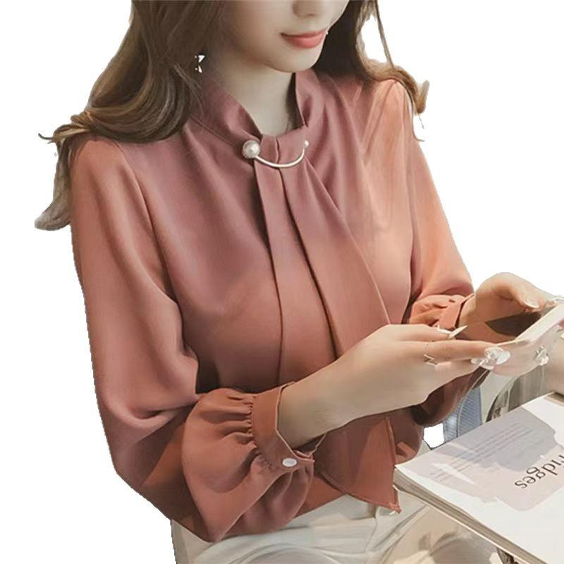 Korean Style Lantern Sleeve Knitted Ring Buckle Chiffon Blouse - Women's Long Sleeve Pullover Top