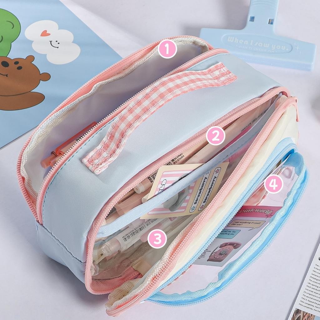Cute Checkered Window Pencil Case with Handle Multilayer Large Capacity Storage Pouch Contrast Color Design Multi-Function A3224