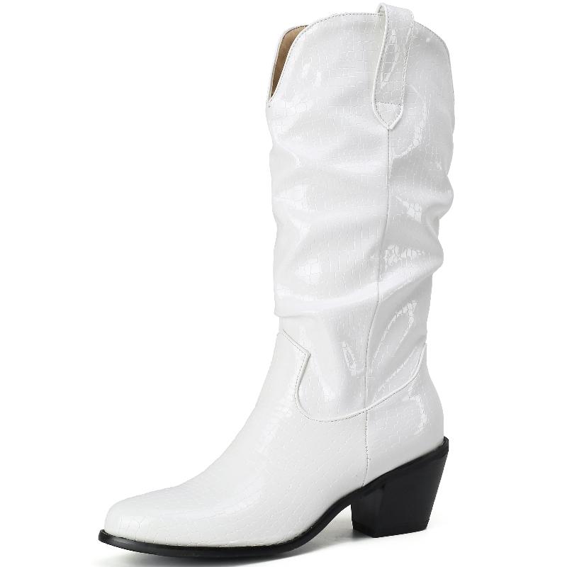 

Модные повседневные туфли на танкетке, ковбойские сапоги в ковбойском стиле, женские водонепроницаемые сапоги до середины икры, модные блестящие черные и белые зимние туфли, большой размер 34-48 39 белый