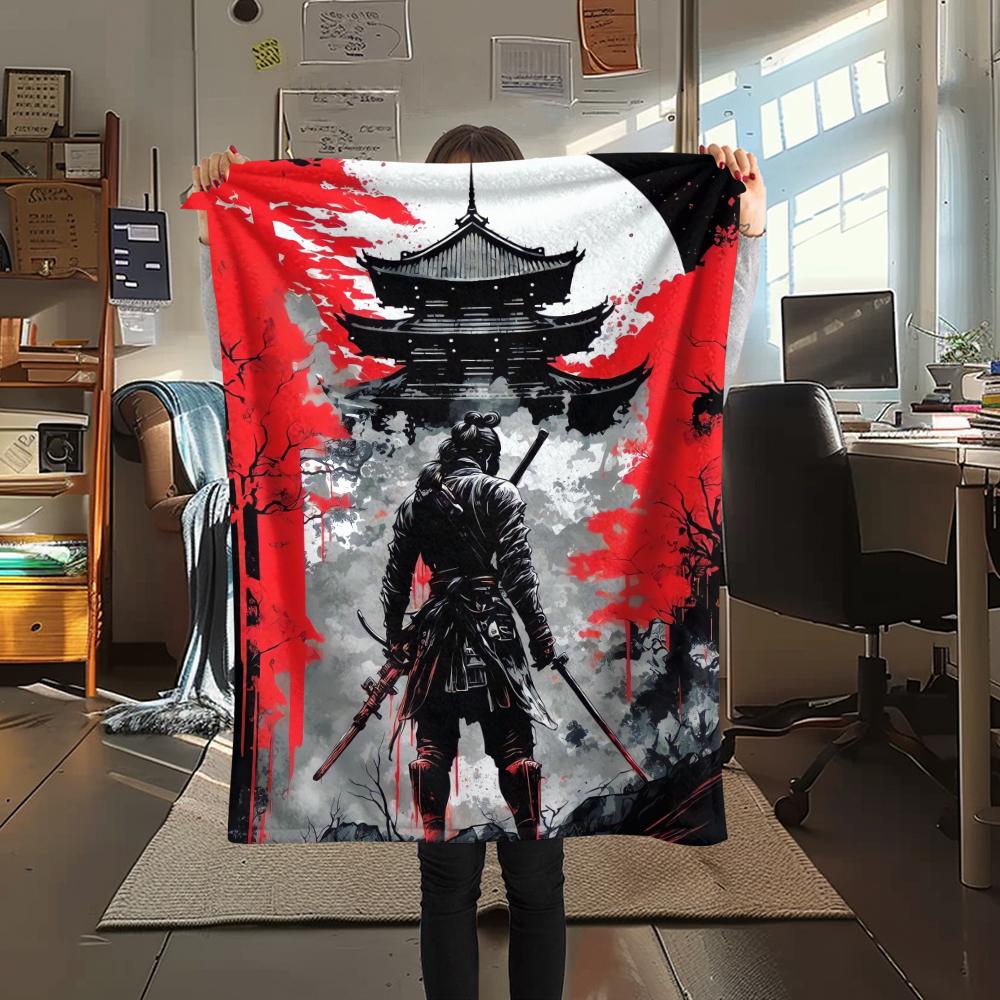 1Pc Japanese Samurai Print Flannel Blanket, High quality Comfortable for All Seasons, Home Decor, Warmth and Comfort, Perfect for Christmas Gifts