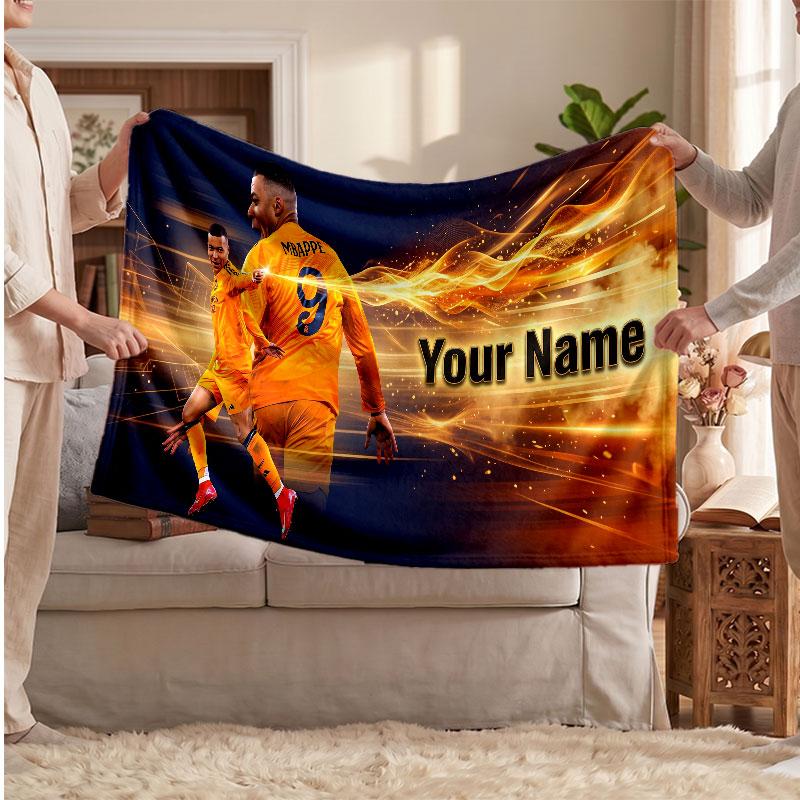 Kylian Mbappe Personalized Fleece Blanket With Football Logo, Custom Name Text Soft Warm Home Throw Blanket