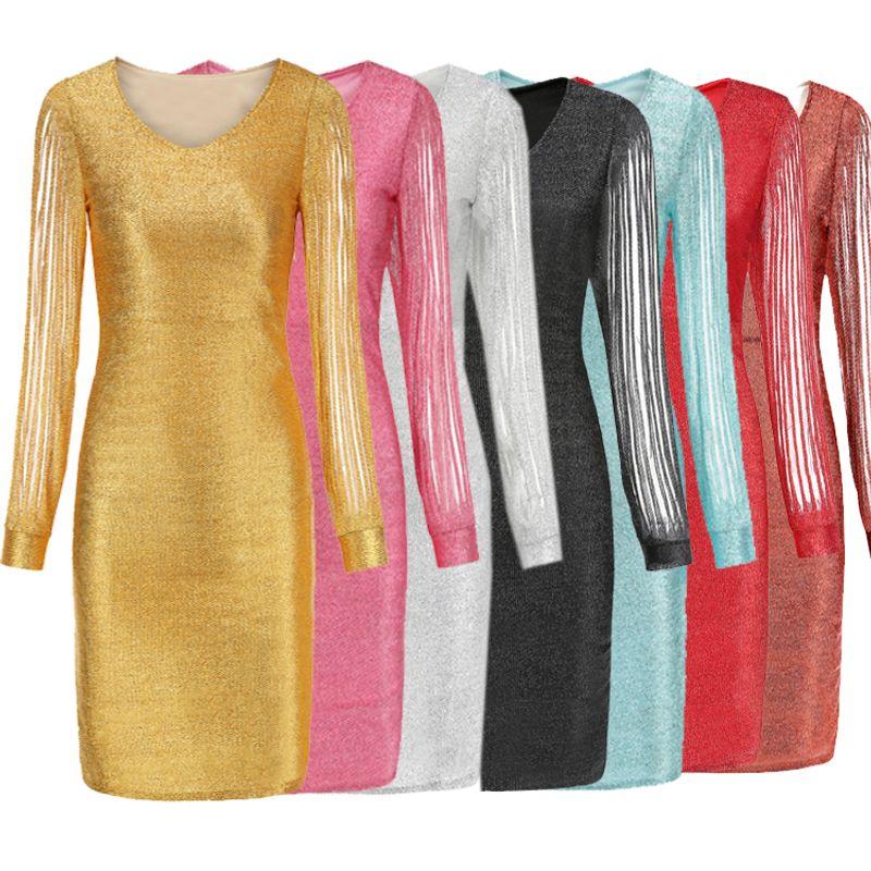 

Модный стиль Британский Коммутер Платье-футляр с длинным рукавом Летнее Амазон Новое Сексуальное Клубное Вечеринка С бахромой Silver S