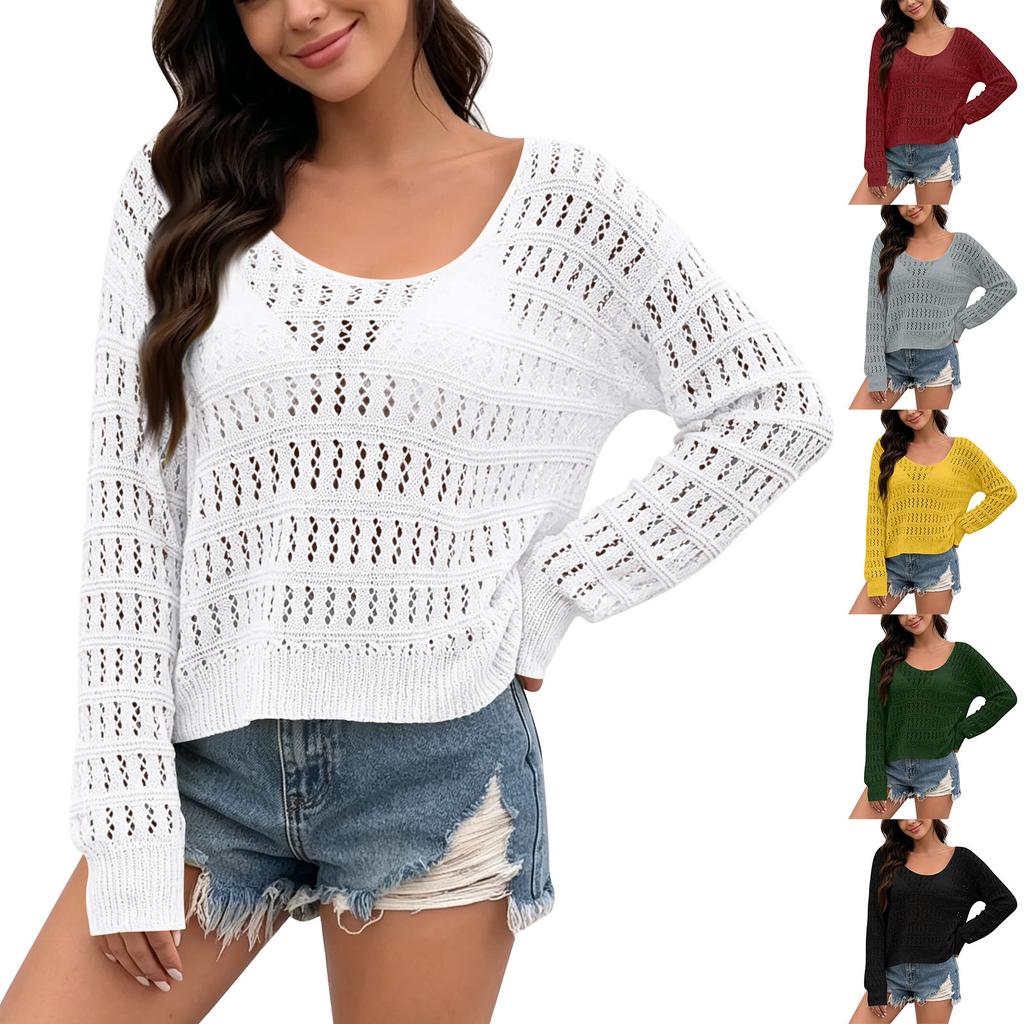Women’s Long Sleeve Crochet Knit Pullover Sweater Scoop Neck Lightweight Loose Fit Hollow Out Design Top