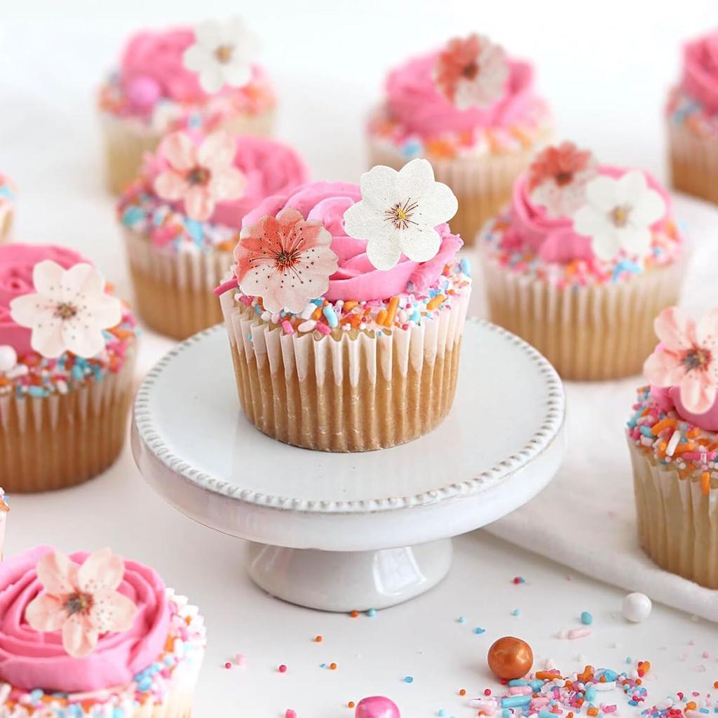 50pcs Edible Cherry Blossom Cake Toppers, Wafer Paper Flower Decorations for Cupcakes, Wedding, Birthday, and Party Cakes