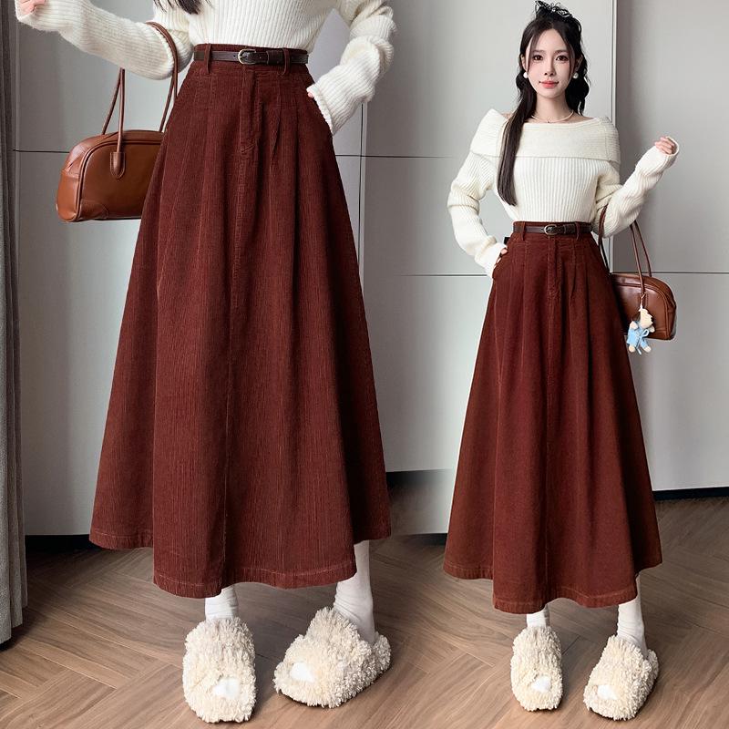 Women's High Waist Corduroy Midi Skirt - 2025 Autumn Winter Korean Style, Large Flare Pleated Design