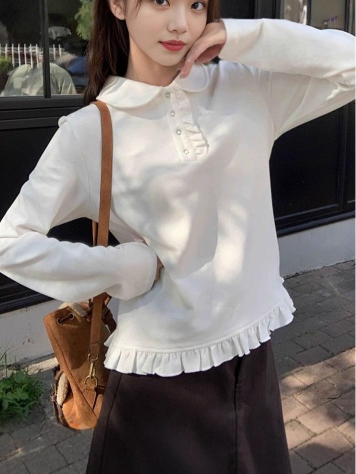 De Rong Women's Autumn 2025 White Doll Collar Long-Sleeve T-shirt