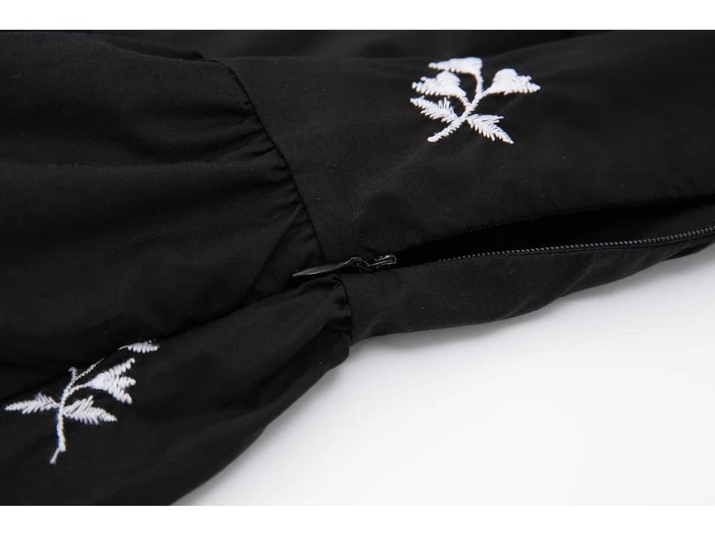 Spring 2025 Women's Black Floral Embroidered Poplin Dress (European & American Style)