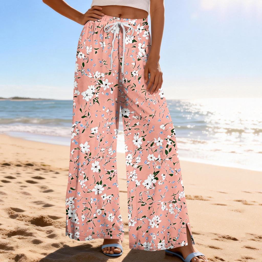 Women Summer Boho Palazzo Pants High Waist Wide Leg Printing Casual Trousers With Pockets