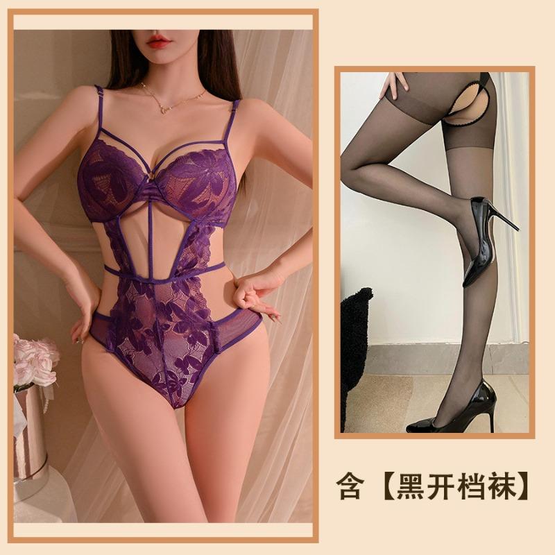 Purple Erotic Underwear, Sexy Lace Hollowed-out Suspenders Show Large Perspective, Free Backless Pajamas, Pure Desire Set