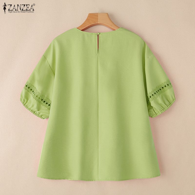 ZANZEA Women Casual Lace Embroidery Patchwork Short Sleeve Crochet Blouse Tops